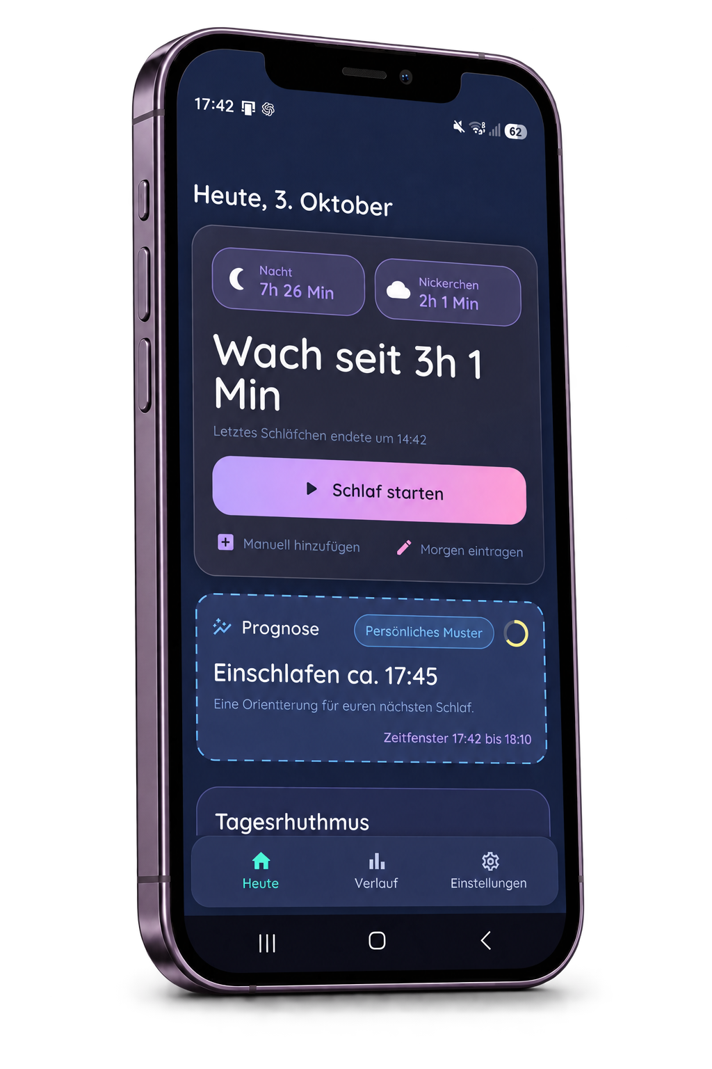 Illustratives LuNoLu-Mockup der Heute-Ansicht mit Schlaftracking und persönlicher Prognose.